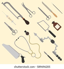 Vector set of old medical tools
