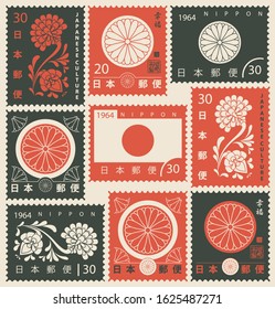 Vector set of old postage stamps on the theme of Japanese culture with chrysanthemum and Nippon flag in retro style. Hieroglyph Japan Post, Happiness