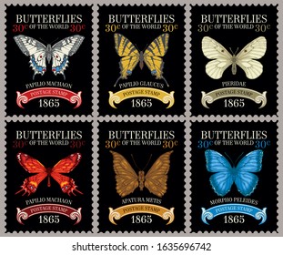 Vector set of old postage stamps with various bright beautiful butterflies and their names on the black background in retro style