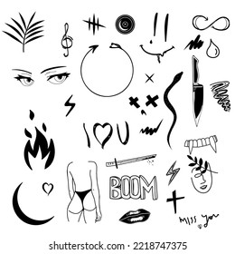 Vector Set Of Old School Tattoo Designs. Hand drawn tattoo vector doodle set.