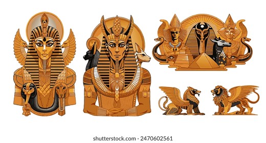 Vector Set Of Old School Tattoo myth egypt Designs, engraving art style, vector graphic, white background, ultrafine clean vector, isolated white background.