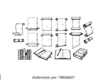 Vector Set Of The Old Scroll And Retro Book In Vintage Engraving Style. Hand Drawn Illustration  