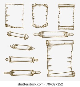 Vector set of the old scrolls stylized as engraving.