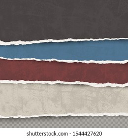 Vector set of old torn color paper edges on transparent background.
