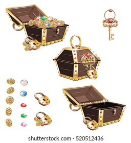 Vector set of old treasure chests, key, lock, jewelry and coins to decorate the game, advertising or website. The chest is open with jewels, locked and open empty.