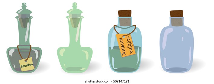 Vector set of old (vintage) potions (bottles, viles) with and without labels