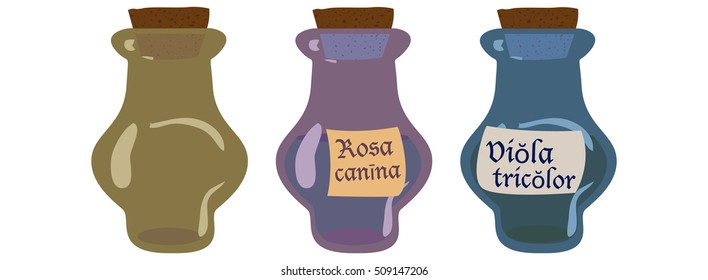 Vector set of old (vintage) potions (bottles, viles) with and without labels