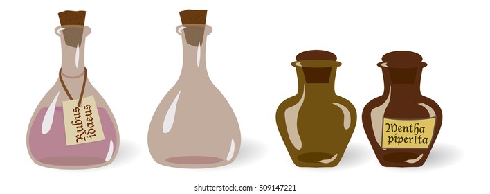 Vector set of old (vintage) potions (bottles, viles) with and without labels