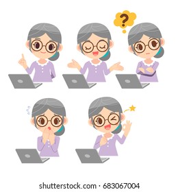 Vector set of old woman, elderly wearing eyeglasses in various emotion with computer labtop, notebook isolated on white background.