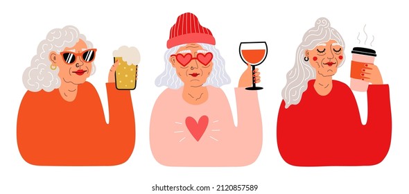 Vector set with old women with drinks. Coffee to go cup, glass of red wine and beer. Trendy print design collection, sticker templates