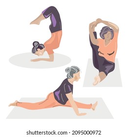 Conjunto de vectores de mujeres mayores haciendo fitness y yoga. Las abuelas se estiran, se dividen, se ponen manos a la obra. Estilo de vida activo y saludable para los ancianos. Aislado. Ilustración vectorial.