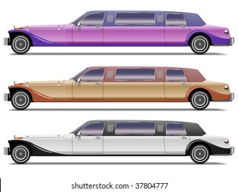 Vector set of old-styled realistic limousines isolated on white background. Side view.