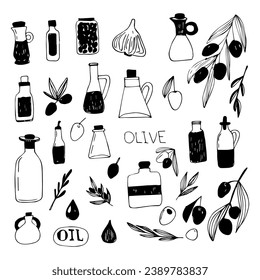 Vector set of olive branches and olive oil.