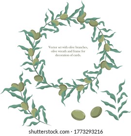 Vector set with olive branches, olive wreath and frame for decoration of cards.