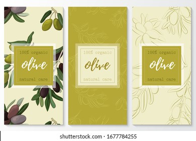 Vector set of olive natural cosmetic vertical banners on the template. Background with hand drawn olive branches. Design for cosmetics, makeup, beauty salon, natural and organic products, health