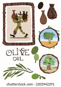 Vektorset für Olivenöl-Etikettendesign mit charmantem Cartoon-Charakter.