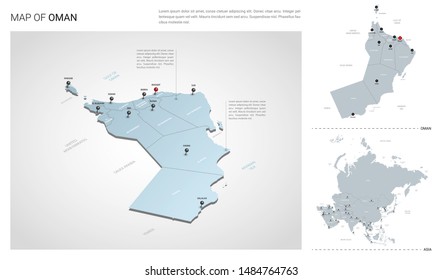Vector set of Oman country.  Isometric 3d map, Oman map, Asia map - with region, state names and city names.