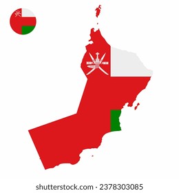 Vector set of Oman high detailed map flag and national flag round badge isolated on white background.