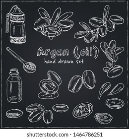 Vector set on Argan, its fruits and its application. Argan oil hand drawn doodle set. Vector illustration. Isolated elements on chalkboard background. Symbol collection.