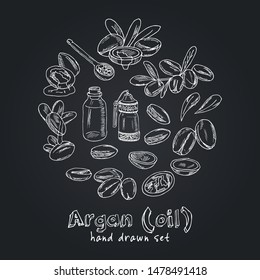 Vector set on Argan, its fruits and its application. Argan oil hand drawn doodle set. Vector illustration. Isolated elements on chalkboard background. Symbol collection.