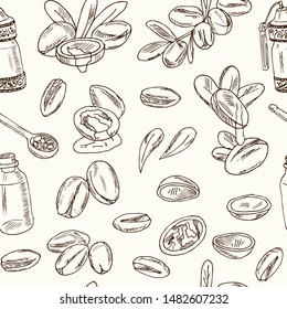 Vector set on Argan, its fruits and its application. Argan oil hand drawn doodle set. Vector illustration. Isolated elements on white background. Symbol collection.