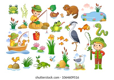Vector set on a fishing theme. An animal pond. Children are fishing. Collection of vector illustration.