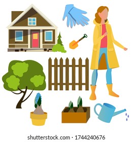 vector set on a gardening theme, a girl in a yellow raincoat and yellow rubber boots, potted plants, a shovel, mittens, a watering can, a house and a fence. Bright spring set