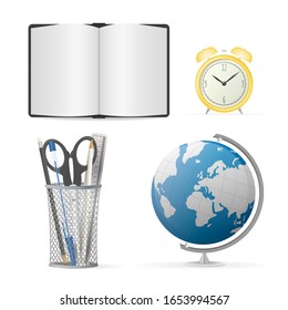 Vector set on a school theme. The pen holder is round, metal. Scissors, ruler, pencils, pen, globe, vintage yellow alarm clock, open book top view. School accessories isolated on a white background.