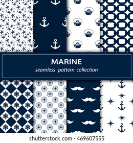 Vector set on the sea, rest. Seamless fabric. Blue-white color. Anchor. Captain moustache, chain, cover, starfish.