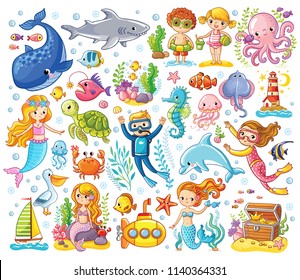 Vector set on a sea theme in a children's style.