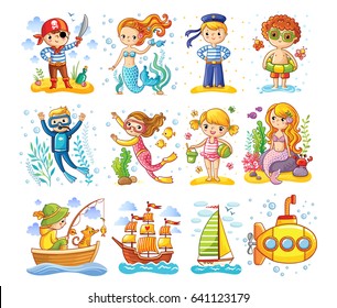 Vector set on a sea theme. A collection of children in cartoon style.