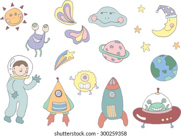 Vector set on space with rockets and ufo and friends.