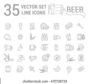 Vector set on the subject of beer and brewing in a linear design. The elements of brewing, the image of glasses and barrels of beer.