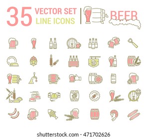 Vector set on the subject of beer and brewing in a linear design. The elements of brewing, the image of glasses and barrels of beer.