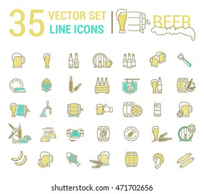 Vector set on the subject of beer and brewing in a linear design. The elements of brewing, the image of glasses and barrels of beer.