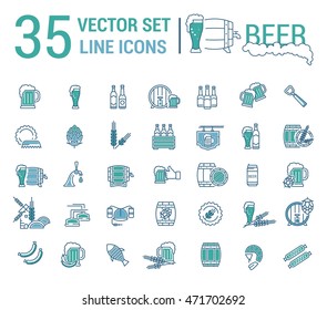 Vector set on the subject of beer and brewing in a linear design. The elements of brewing, the image of glasses and barrels of beer.