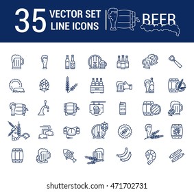 Vector set on the subject of beer and brewing in a linear design. The elements of brewing, the image of glasses and barrels of beer.