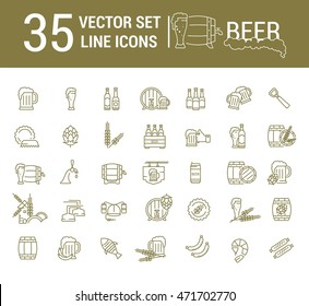 Vector set on the subject of beer and brewing in a linear design. The elements of brewing, the image of glasses and barrels of beer.