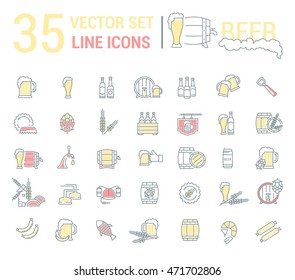 Vector set on the subject of beer and brewing in a linear design. The elements of brewing, the image of glasses and barrels of beer.