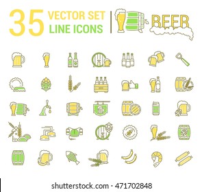 Vector set on the subject of beer and brewing in a linear design. The elements of brewing, the image of glasses and barrels of beer.