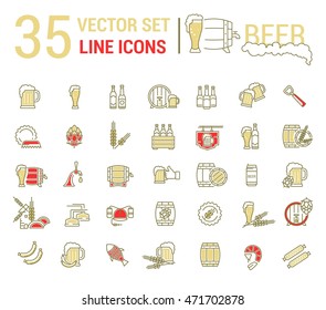 Vector set on the subject of beer and brewing in a linear design. The elements of brewing, the image of glasses and barrels of beer.