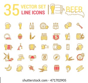 Vector set on the subject of beer and brewing in a linear design. The elements of brewing, the image of glasses and barrels of beer.