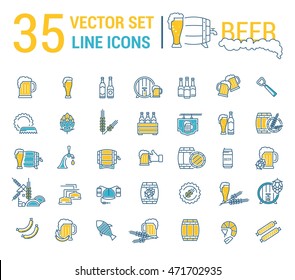 Vector set on the subject of beer and brewing in a linear design. The elements of brewing, the image of glasses and barrels of beer.