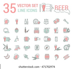 Vector set on the subject of beer and brewing in a linear design. The elements of brewing, the image of glasses and barrels of beer.