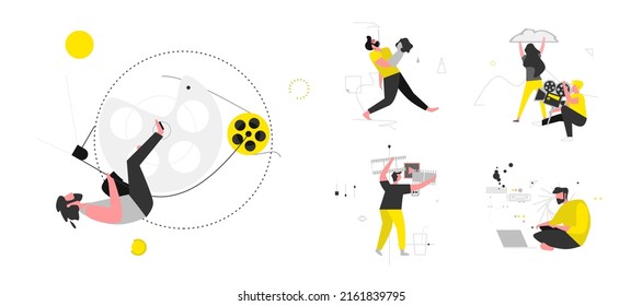 Vector Set On The Subject Of Video Production, Storytelling, Filming, Video Editing And Post-production On A White Background. 2D Illustrations