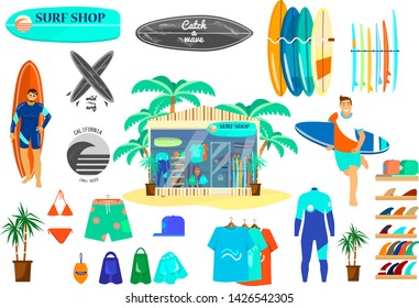 Vector set on surfing theme. Surf shop, surf boards, clothes, tails, flippers, surf logos, sign, surfer running, man in swim suit standing with board. Flat cartoon.