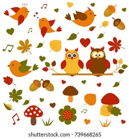 Vector set on the theme of autumn. Owls sitting on a branch, and birds, among mushrooms, leaves and hearts.