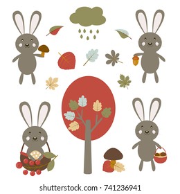 Vector set on the theme of autumn and animals. Cute rabbits among leaves of trees and mushrooms.