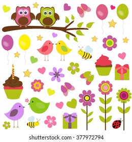 Vector set on the theme of the birthday party. Owls sitting on a tree, among the flowers, other birds, ladybugs, butterflies, hearts.
