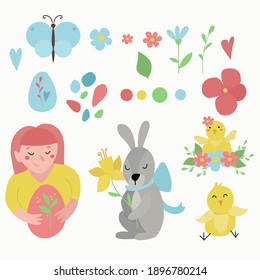Vector set on the theme of Easter with an illustration of a cute girl holding an egg, a rabbit holding a flower, chickens, flowers, branches, leaves and butterflies.Flat style.